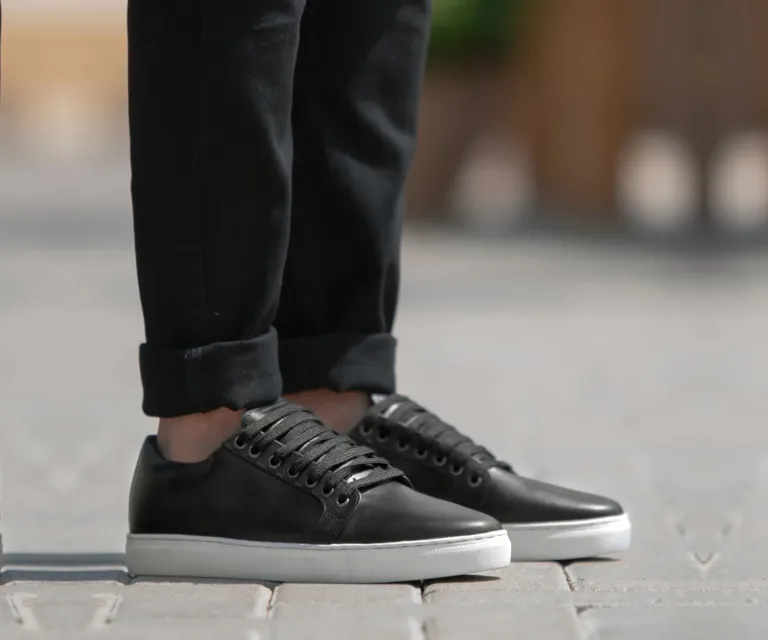 Murphy Low Top Black Leather Sneakers Handcrafted Men's Footwear — Lateral Profile Hero View