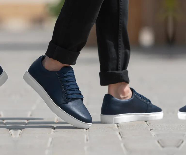 Murphy Low Top Midnight Blue Leather Sneakers Handcrafted Men's Footwear — Three-Quarter Perspective