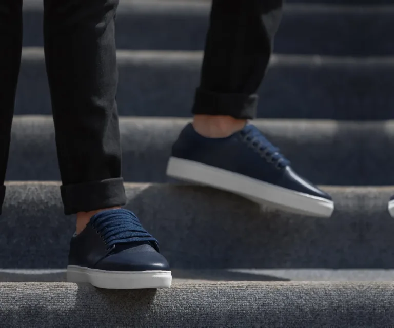 Murphy Low Top Midnight Blue Leather Sneakers Handcrafted Men's Footwear — Toe Cap & Vamp Detail