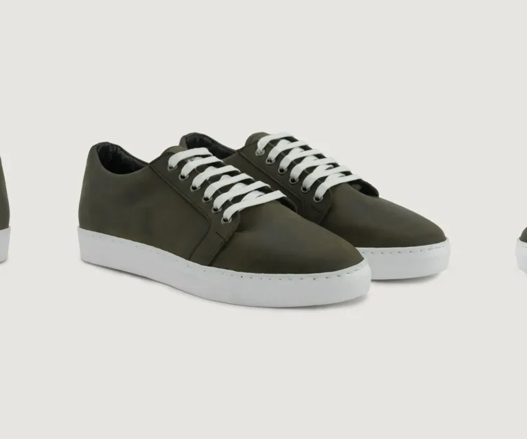 Murphy Low Top Olive Pullup Leather Sneakers Handcrafted Men's Footwear — Lateral Profile Hero View