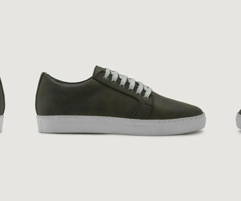 Murphy Low Top Olive Pullup Leather Sneakers Handcrafted Men's Footwear — Three-Quarter Perspective