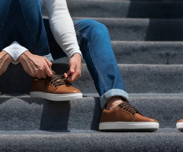 Murphy Low Top Tan Leather Sneakers Handcrafted Men's Footwear — Heel Counter & Rear View