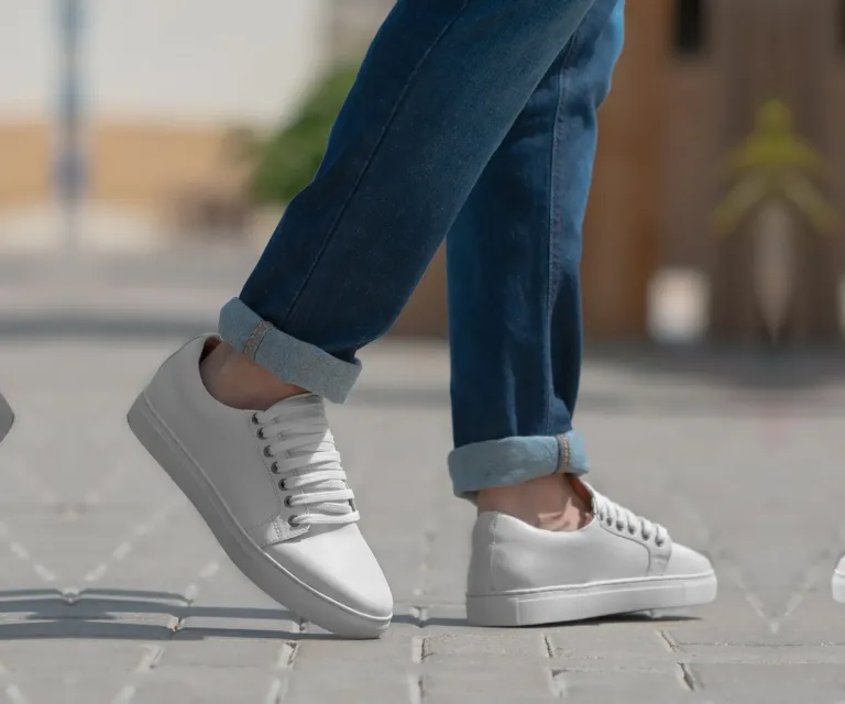 Murphy Low Top White Leather Sneakers Handcrafted Men's Footwear — Three-Quarter Perspective