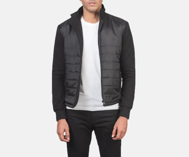 Nashville Quilted Black Windbreaker Jacket — Quarter Angle Profile & Contoured Sleeve Detail