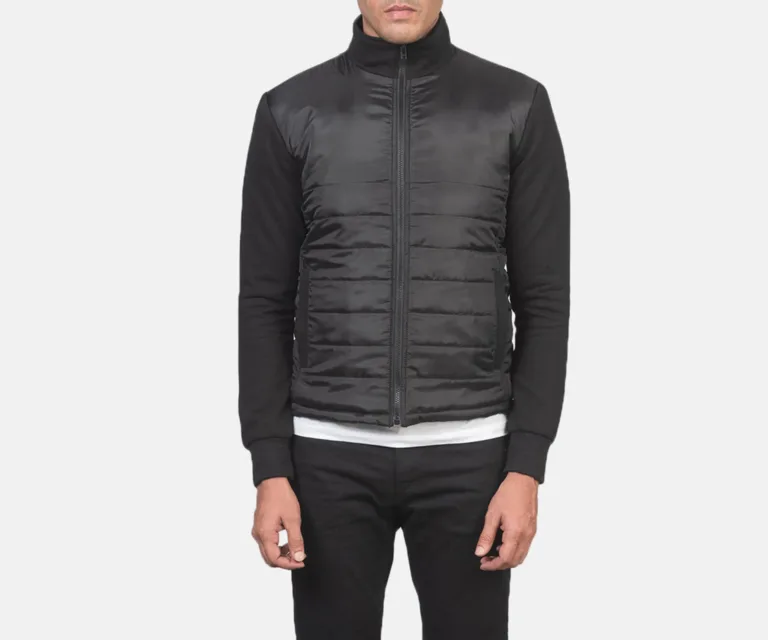 Nashville Quilted Black Windbreaker Jacket — Front Collar & Placket Thermal Detail