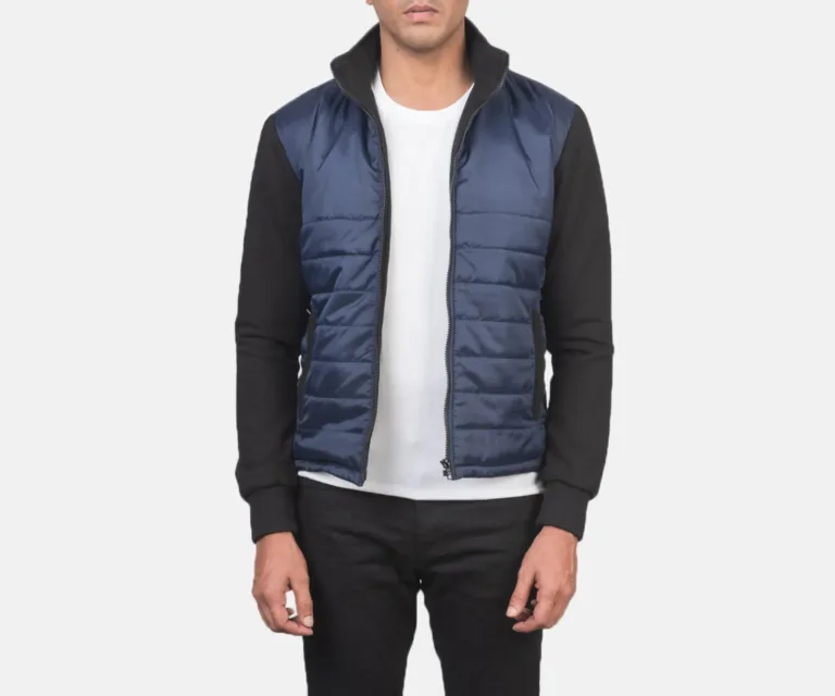Nashville Quilted Blue Windbreaker Jacket — Quarter Angle Profile & Contoured Sleeve Detail