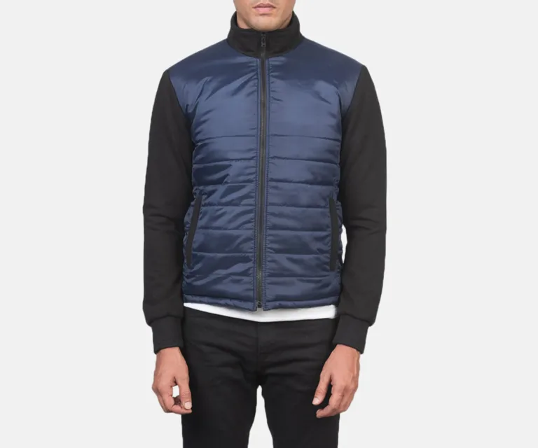 Nashville Quilted Blue Windbreaker Jacket — Front Collar & Placket Thermal Detail