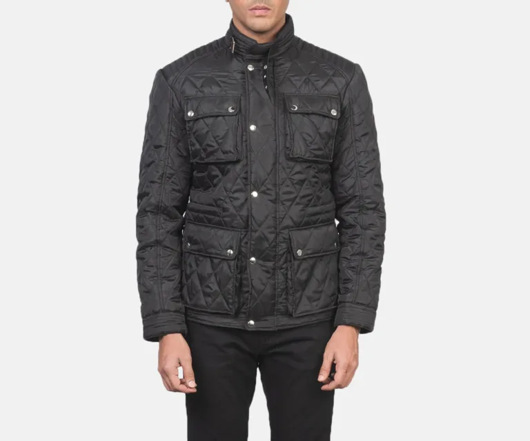 Nelson Quilted Black Windbreaker Jacket — Front Collar & Placket Thermal Detail