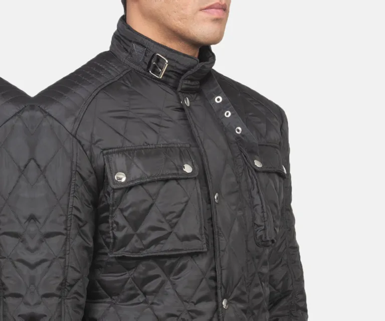 Nelson Quilted Black Windbreaker Jacket — Macro Detail Texture, Stitching & Hardware