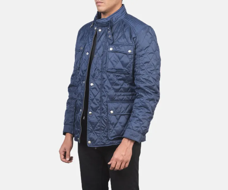 Nelson Quilted Blue Windbreaker Jacket — Front Collar & Placket Thermal Detail