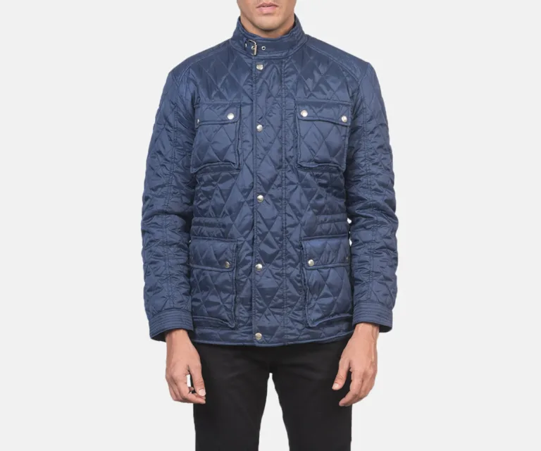 Nelson Quilted Blue Windbreaker Jacket — Rear Back View & Tailored Hemline