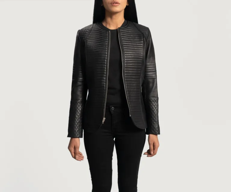 Nexi Quilted Black Leather Jacket Luxury Women's Biker Jacket — Front Silhouette Hero Presentation