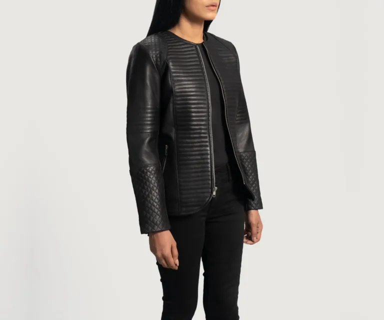 Nexi Quilted Black Leather Jacket Luxury Women's Biker Jacket — Three-Quarter Editorial Perspective