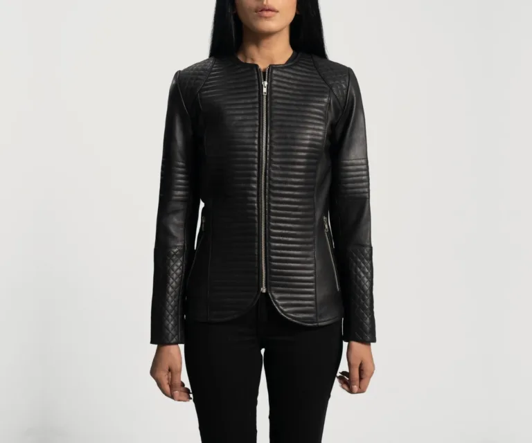 Nexi Quilted Black Leather Jacket Luxury Women's Biker Jacket — Rear Profile & Tailored Seaming