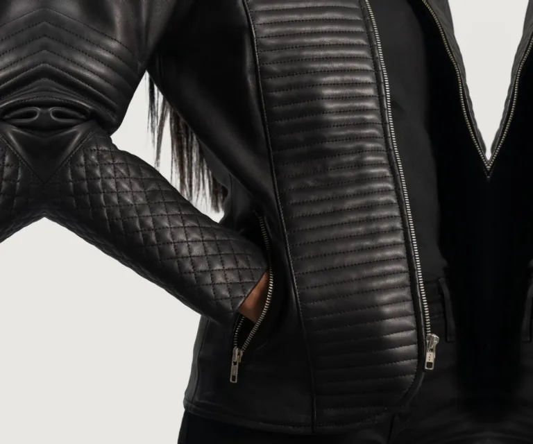 Nexi Quilted Black Leather Jacket Luxury Women's Biker Jacket — Full-Length Silhouette & Drape