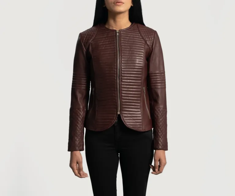 Nexi Quilted Maroon Leather Jacket Luxury Women's Biker Jacket — Front Silhouette Hero Presentation