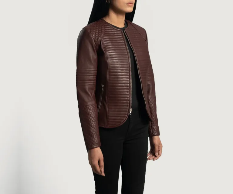 Nexi Quilted Maroon Leather Jacket Luxury Women's Biker Jacket — Three-Quarter Editorial Perspective