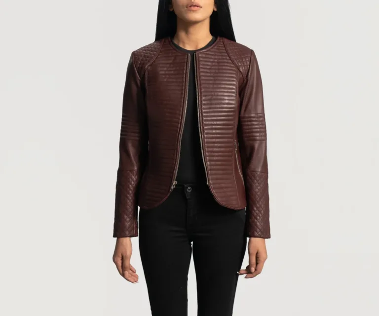 Nexi Quilted Maroon Leather Jacket Luxury Women's Biker Jacket — Asymmetrical Zipper & Lapel Architecture