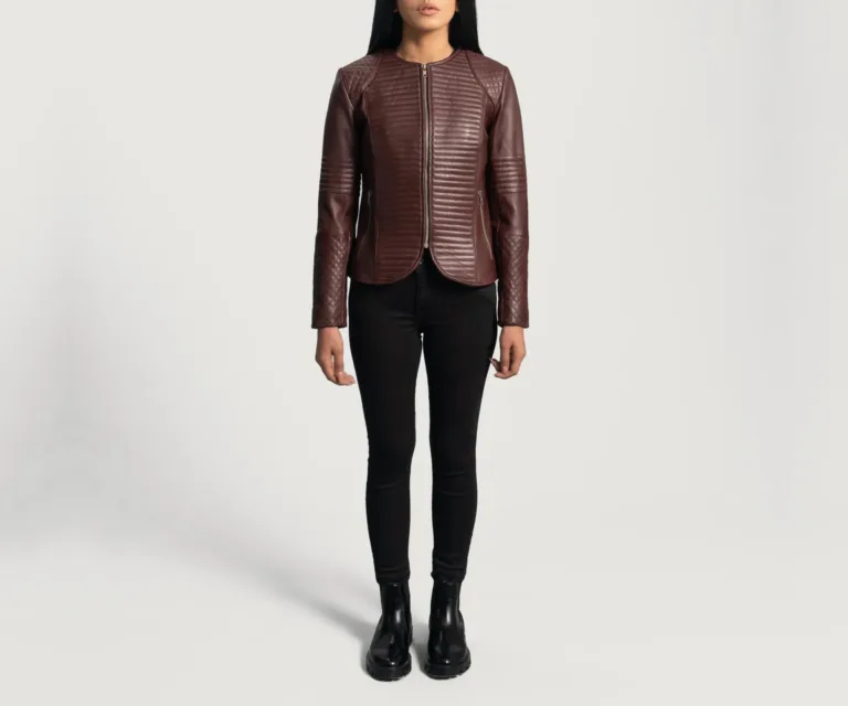 Nexi Quilted Maroon Leather Jacket Luxury Women's Biker Jacket — Rear Profile & Tailored Seaming