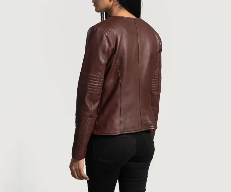 Nexi Quilted Maroon Leather Jacket Luxury Women's Biker Jacket — Macro Hardware & Leather Grain