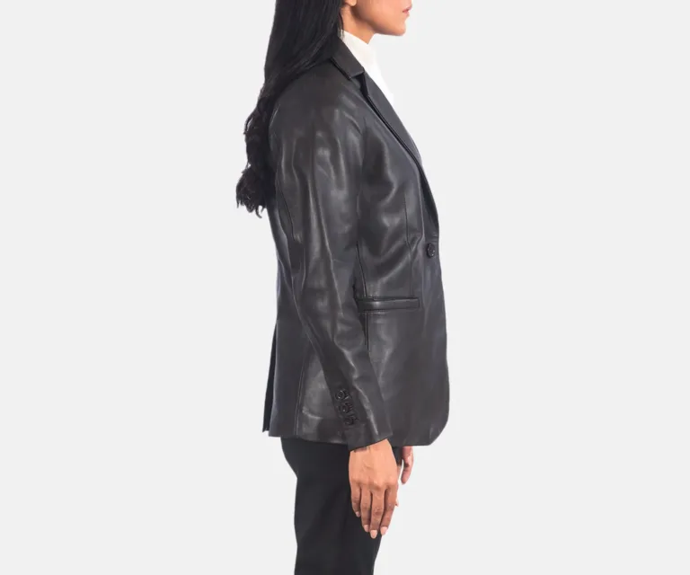 Norma Brown Leather Blazer Luxury Women's Outerwear — Macro Hardware & Leather Grain