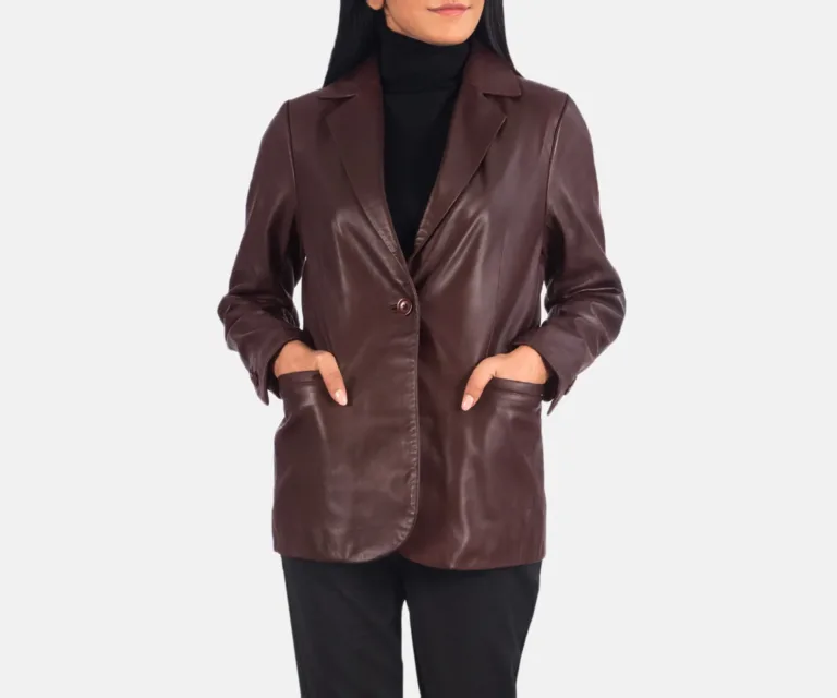 Norma Maroon Leather Blazer Luxury Women's Outerwear — Front Silhouette Hero Presentation
