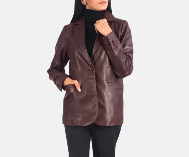 Norma Maroon Leather Blazer Luxury Women's Outerwear — Rear Profile & Tailored Seaming