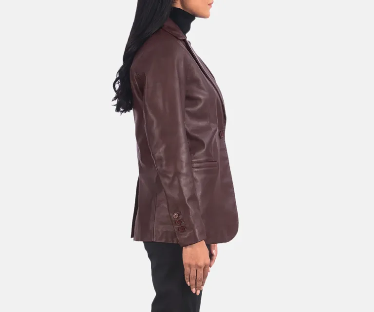 Norma Maroon Leather Blazer Luxury Women's Outerwear — Macro Hardware & Leather Grain