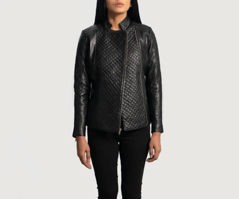 Orient Grain Quilted Black Leather Biker Jacket Luxury Women's Biker Jacket — Asymmetrical Zipper & Lapel Architecture