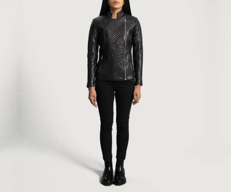 Orient Grain Quilted Black Leather Biker Jacket Luxury Women's Biker Jacket — Rear Profile & Tailored Seaming