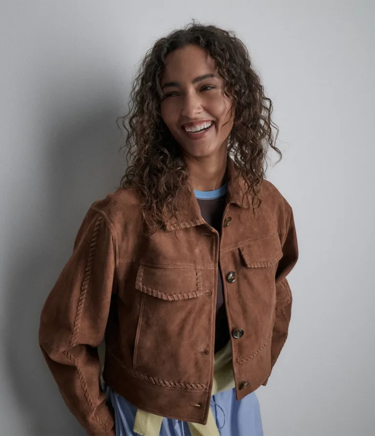 Vivianne Lightweight Suede Trucker Jacket in Cognac, official Wilsons Leather product photo 1