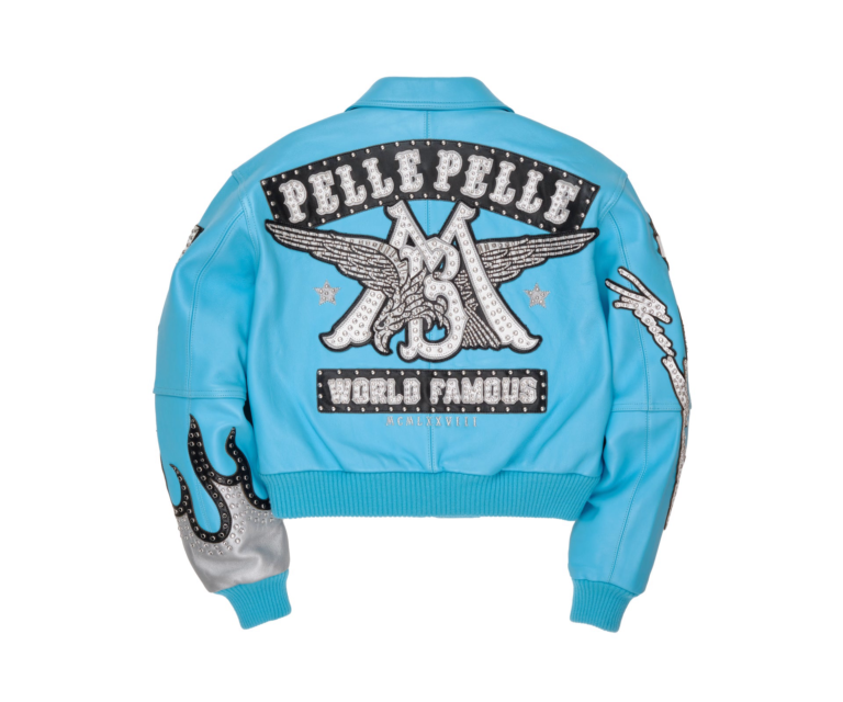 WORLD FAMOUS PELLE PELLE WOMENS JACKET, Light Teal / Black / White, back view