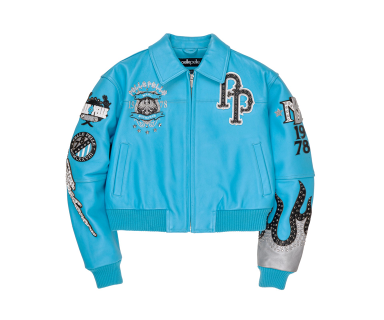 WORLD FAMOUS PELLE PELLE WOMENS JACKET, Light Teal / Black / White, front view