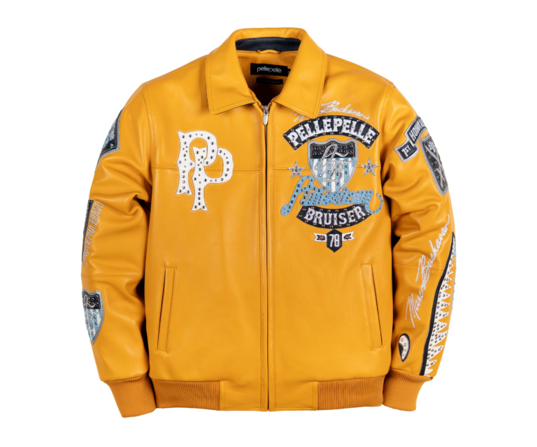 Pelle Pelle American Bruiser Plush Jacket, Maize / Navy / Baby Blue / White, front view