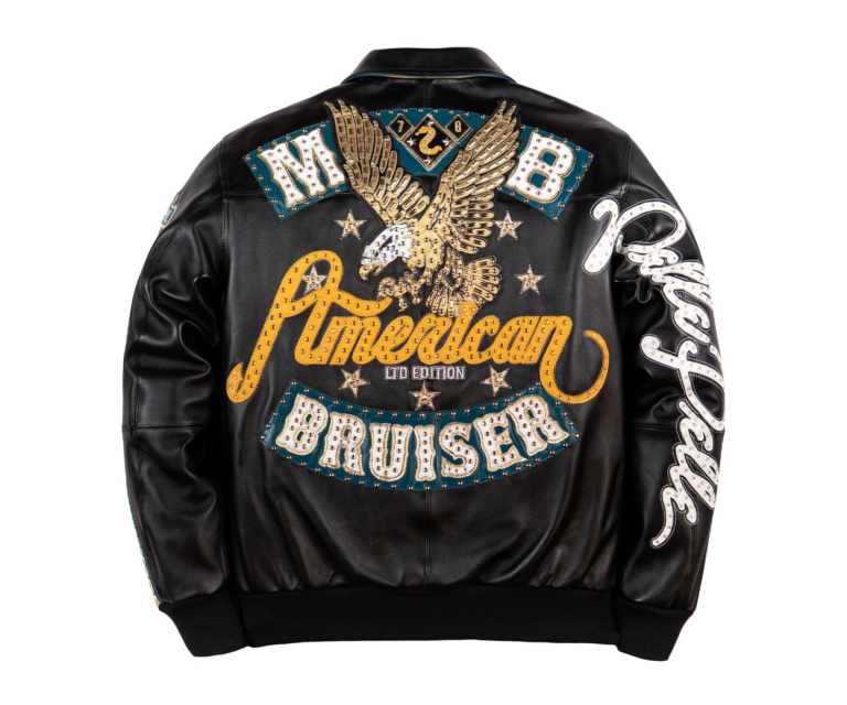 Pelle Pelle American Bruiser Plush Jacket, BLACK / TEAL / WHITE / MAIZE, back view
