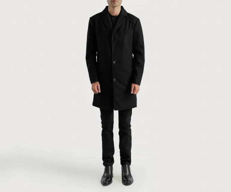 Petrillo Black Wool Single Breasted Coat — Front Detail & Closure
