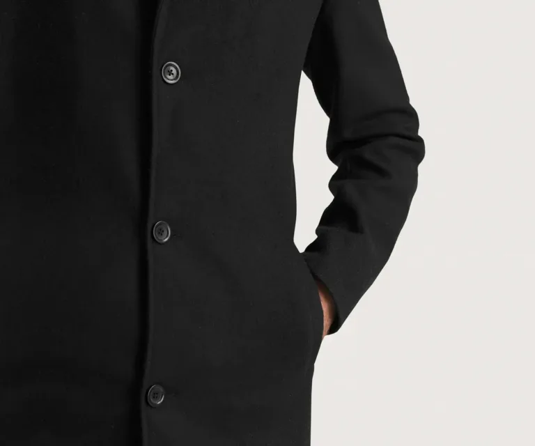 Petrillo Black Wool Single Breasted Coat — Full Editorial Model Perspective