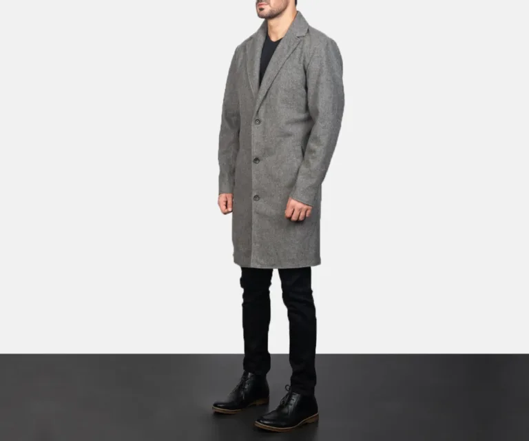 Petrillo Grey Wool Single Breasted Coat — Three-Quarter Perspective