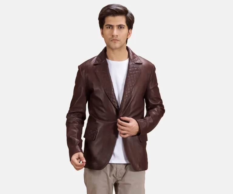 Radaron Quilted Maroon Leather Blazer — Front Open Hero Presentation