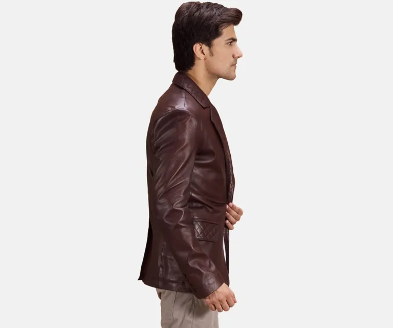 Radaron Quilted Maroon Leather Blazer — Quarter Angle Profile & Contoured Sleeve Detail