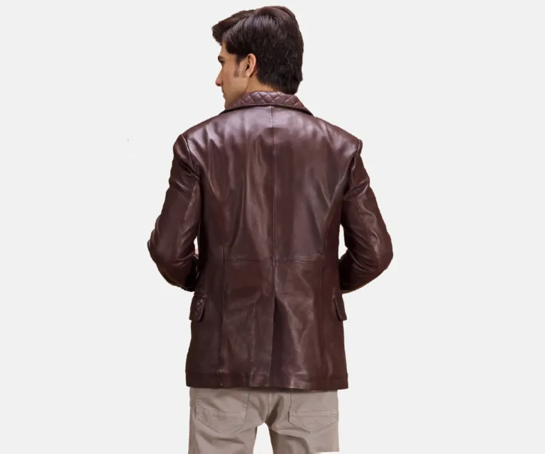 Radaron Quilted Maroon Leather Blazer — Rear Back View & Tailored Vent Hemline