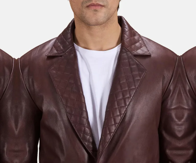 Radaron Quilted Maroon Leather Blazer — Macro Detail Leather Grain, Stitching & Buttons