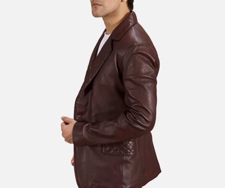 Radaron Quilted Maroon Leather Blazer — Full-Length Model Editorial Presentation
