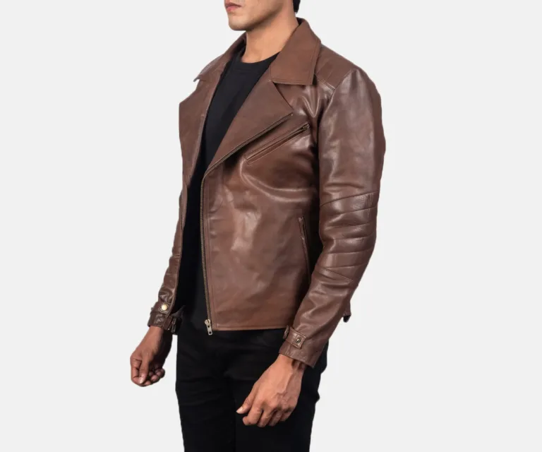 Raiden Brown Leather Biker Jacket — Quarter Angle Profile & Contoured Sleeve Detail