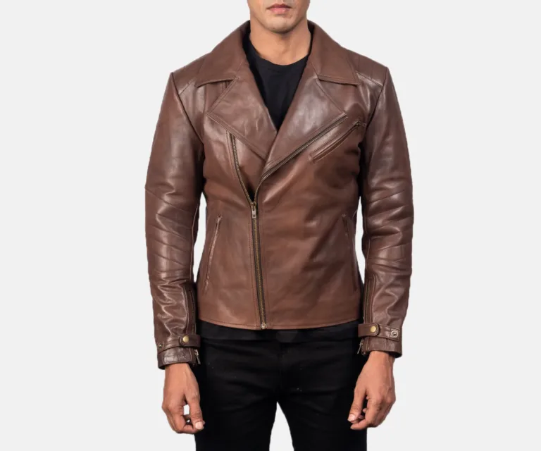 Raiden Brown Leather Biker Jacket — Front Zipped Placket & Collar Detail