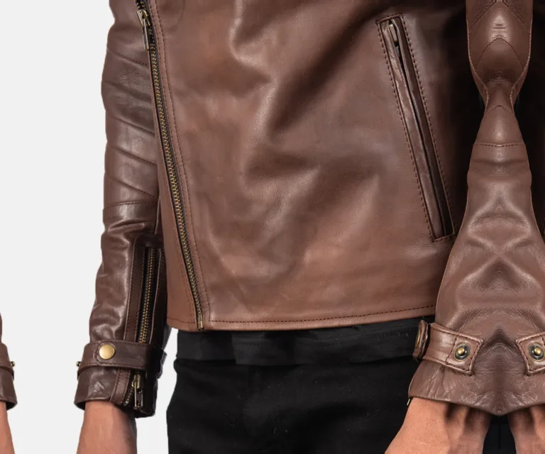 Raiden Brown Leather Biker Jacket — Full-Length Model Editorial Presentation