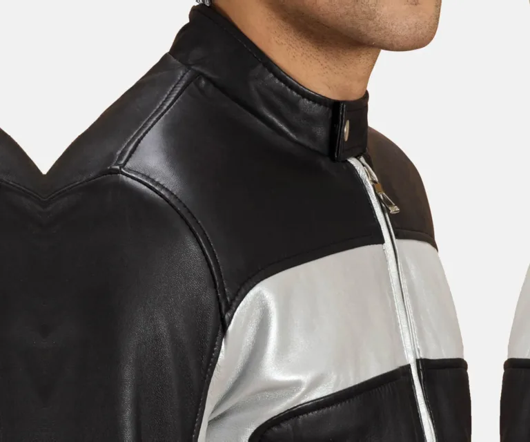 Randolf Silver Black Leather Biker Jacket — Front Zipped Placket & Collar Detail