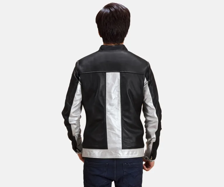 Randolf Silver Black Leather Biker Jacket — Macro Detail Texture, Stitching & Hardware