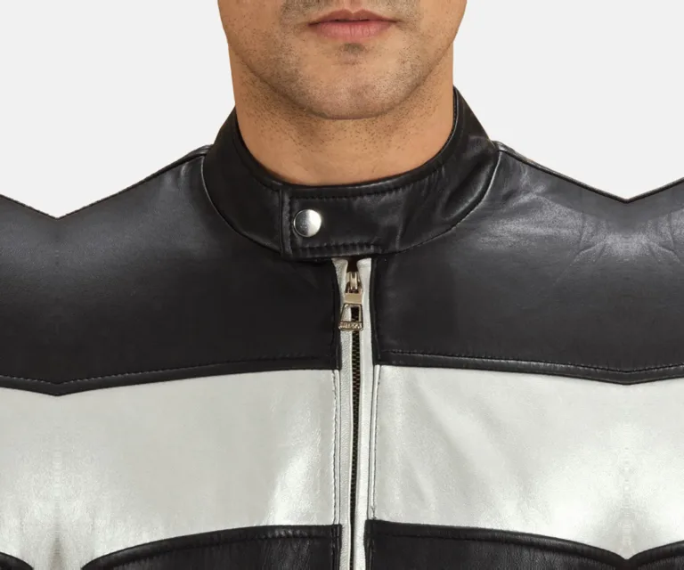 Randolf Silver Black Leather Biker Jacket — Full-Length Model Editorial Presentation