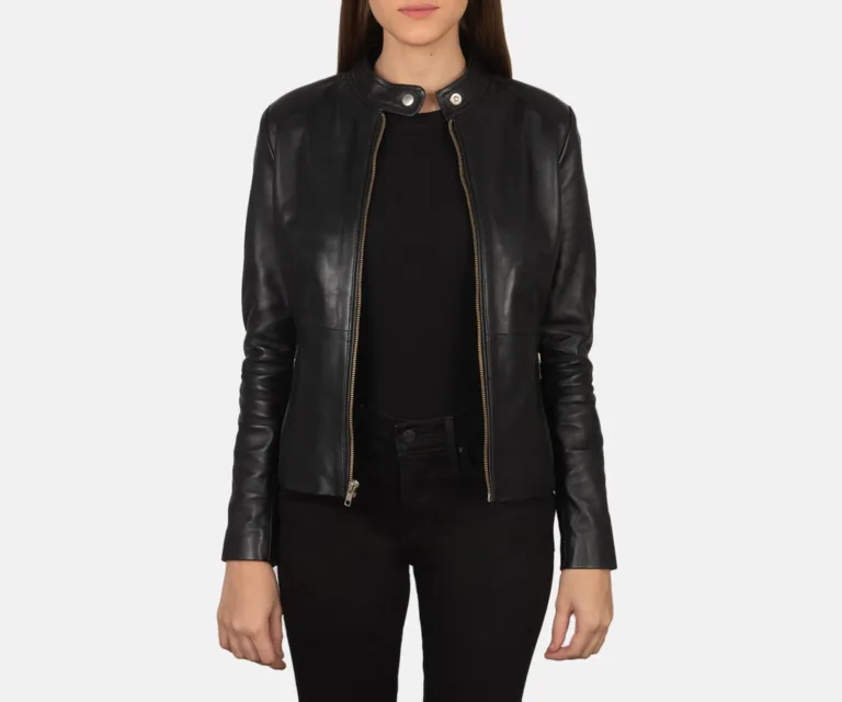 Rave Black Leather Biker Jacket Luxury Women's Biker Jacket — Three-Quarter Editorial Perspective